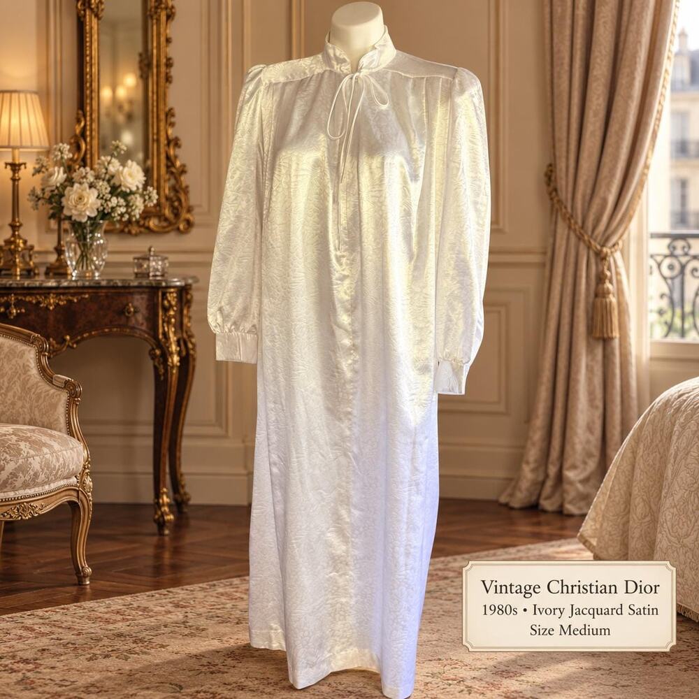 Vintage Christian Dior Loungewear 1980s Ivory Jacquard Satin Gown Medium